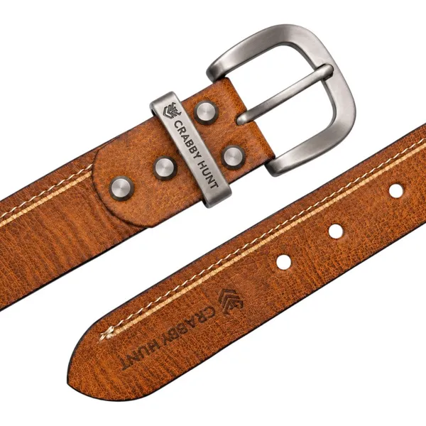 Crabby_Hunt_Premium_Tan_Leather_Belt_With_Contrast_Side_Stitching_Grey_Round_Buckle