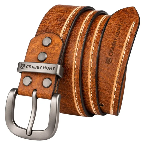 Crabby_Hunt_Premium_Tan_Leather_Belt_With_Contrast_Side_Stitching_Grey_Round_Buckle