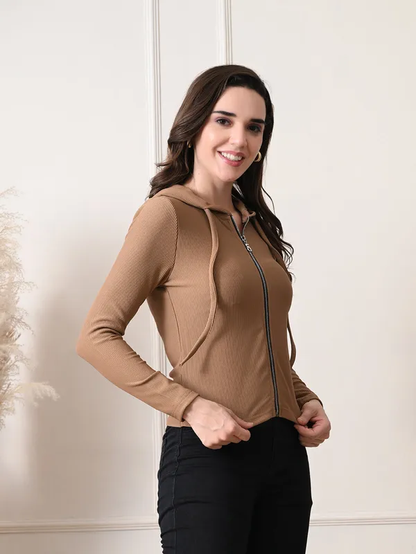 Cotton_Full_Sleeve_Hoddie_Women_Solid_Brown_Hoodie_Jacket_Brown