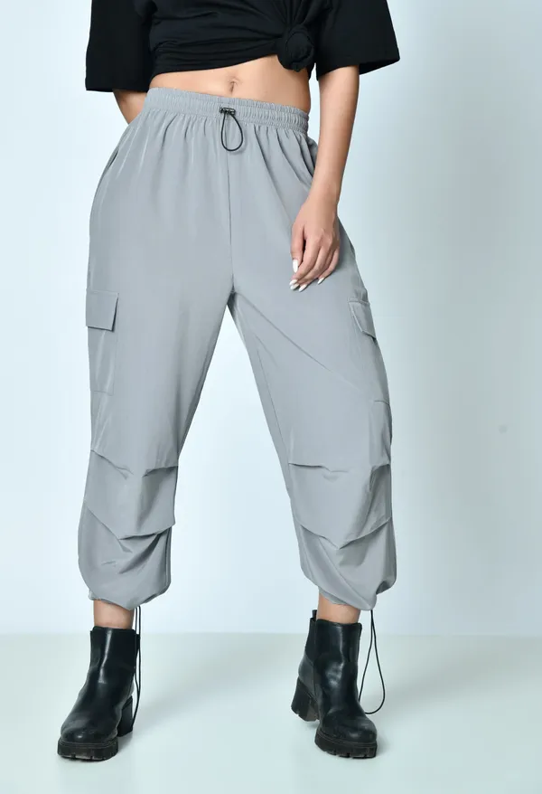 Loose_Fit_High_Waist_Pleated_Cargo_Pants_For_Women_Poplin_Lycra_Fabric_Grey