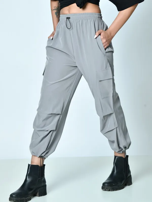 Loose_Fit_High_Waist_Pleated_Cargo_Pants_For_Women_Poplin_Lycra_Fabric_Grey