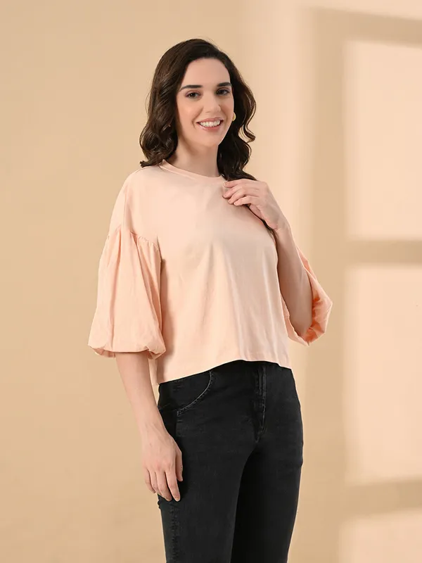 Women_S_100_Cotton_Oversized_Crop_Top_Balloon_Sleeves_Trendy_Round_Neck_Peach