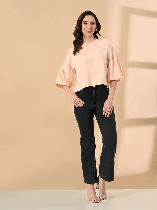 Women_S_100_Cotton_Oversized_Crop_Top_Balloon_Sleeves_Trendy_Round_Neck_Peach