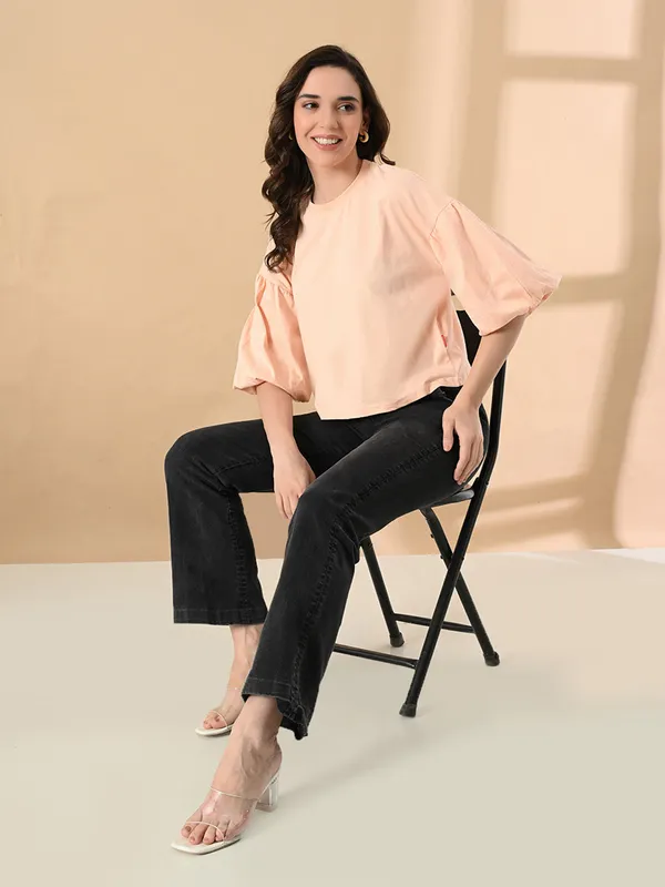 Women_S_100_Cotton_Oversized_Crop_Top_Balloon_Sleeves_Trendy_Round_Neck_Peach