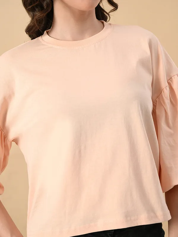 Women_S_100_Cotton_Oversized_Crop_Top_Balloon_Sleeves_Trendy_Round_Neck_Peach