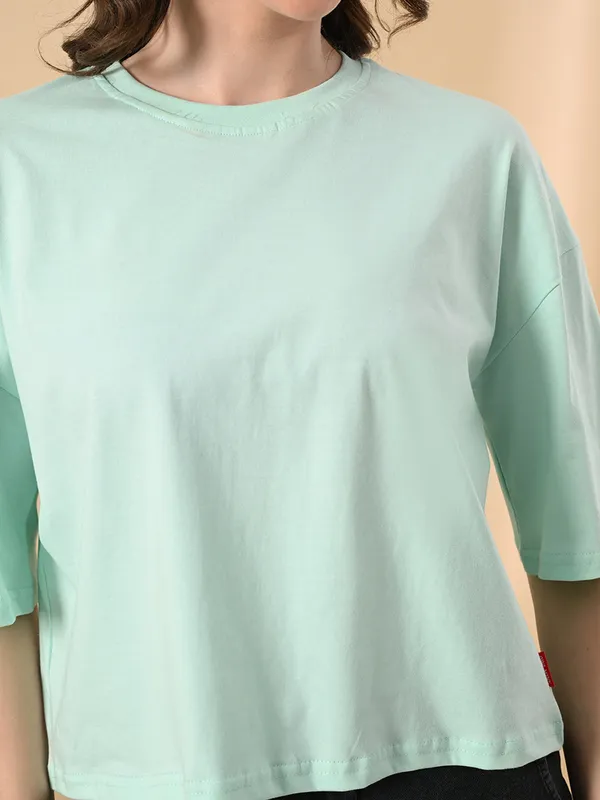 Oversized_Crop_T_Shirt_For_Women_Pure_Cotton_Drop_Shoulder_Solid_Casual_Top_Ocean_Green