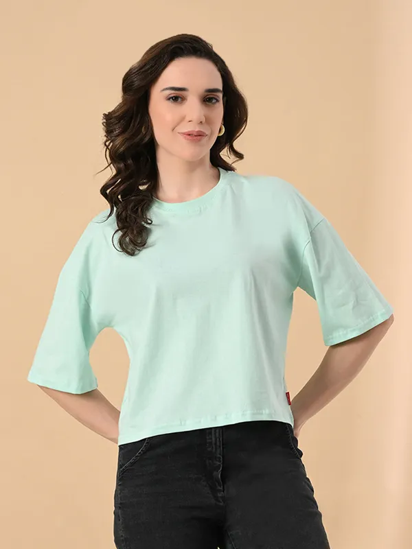 Oversized_Crop_T_Shirt_For_Women_Pure_Cotton_Drop_Shoulder_Solid_Casual_Top_Ocean_Green