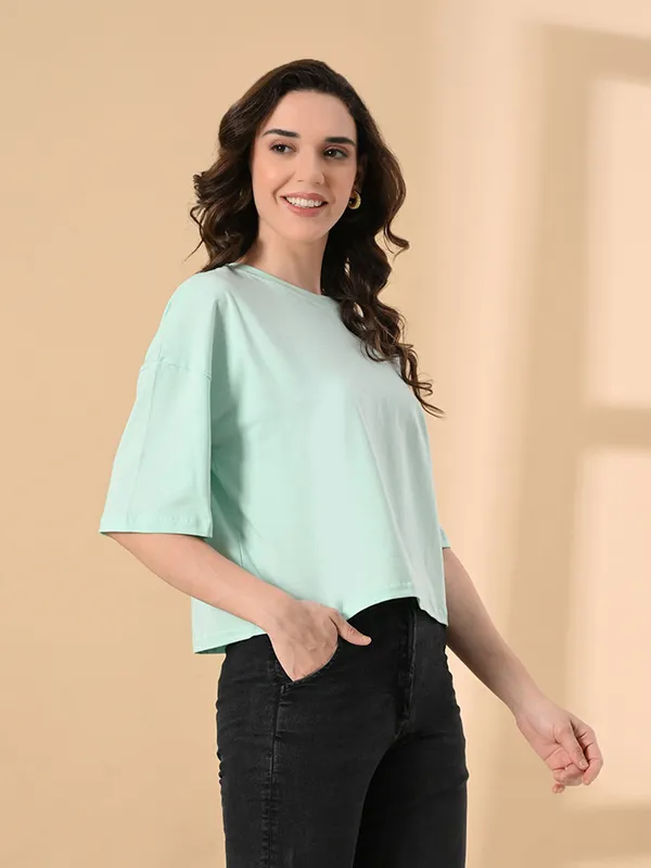 Oversized_Crop_T_Shirt_For_Women_Pure_Cotton_Drop_Shoulder_Solid_Casual_Top_Ocean_Green