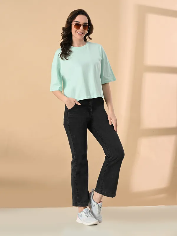 Oversized_Crop_T_Shirt_For_Women_Pure_Cotton_Drop_Shoulder_Solid_Casual_Top_Ocean_Green