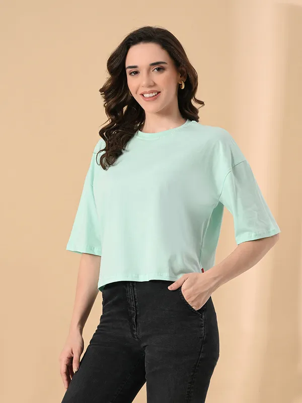 Oversized_Crop_T_Shirt_For_Women_Pure_Cotton_Drop_Shoulder_Solid_Casual_Top_Ocean_Green