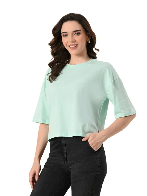 Oversized_Crop_T_Shirt_For_Women_Pure_Cotton_Drop_Shoulder_Solid_Casual_Top_Ocean_Green