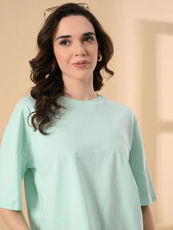 Oversized_Crop_T_Shirt_For_Women_Pure_Cotton_Drop_Shoulder_Solid_Casual_Top_Ocean_Green