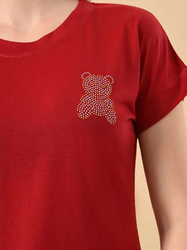 Women_S_High_Low_Hem_T_Shirt_Cotton_Lycra_Crystal_Print_Short_Sleeves_Casual_Wear_Red