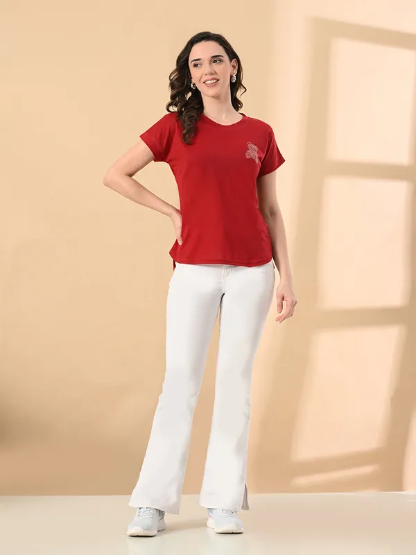 Women_S_High_Low_Hem_T_Shirt_Cotton_Lycra_Crystal_Print_Short_Sleeves_Casual_Wear_Red