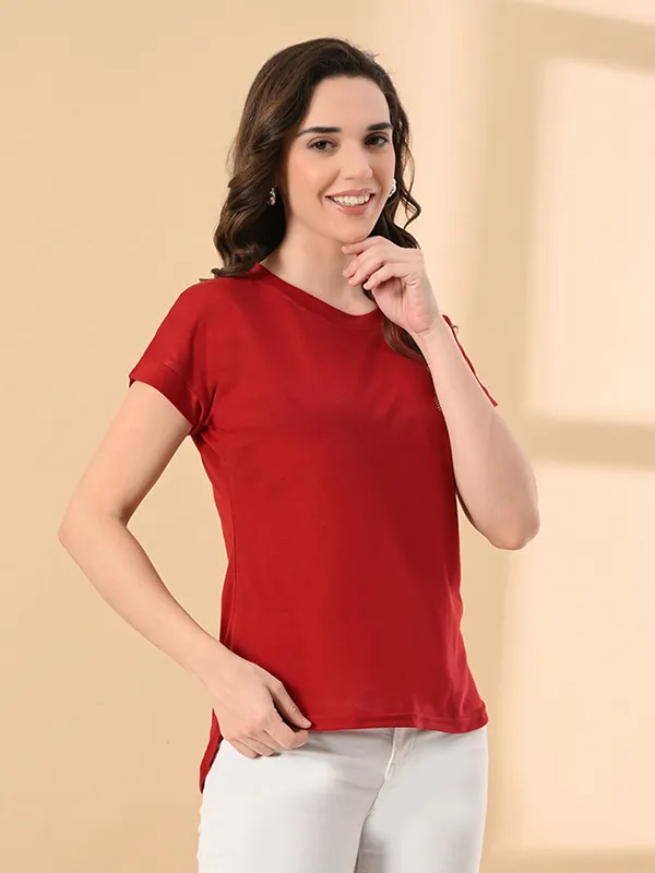 Women_S_High_Low_Hem_T_Shirt_Cotton_Lycra_Crystal_Print_Short_Sleeves_Casual_Wear_Red
