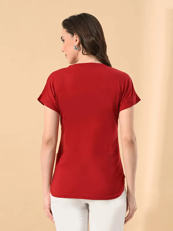 Women_S_High_Low_Hem_T_Shirt_Cotton_Lycra_Crystal_Print_Short_Sleeves_Casual_Wear_Red