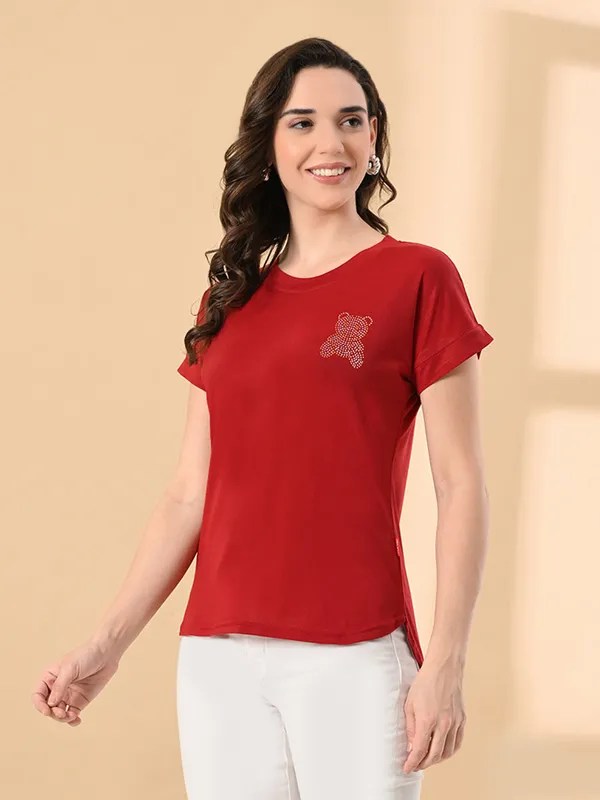 Women_S_High_Low_Hem_T_Shirt_Cotton_Lycra_Crystal_Print_Short_Sleeves_Casual_Wear_Red