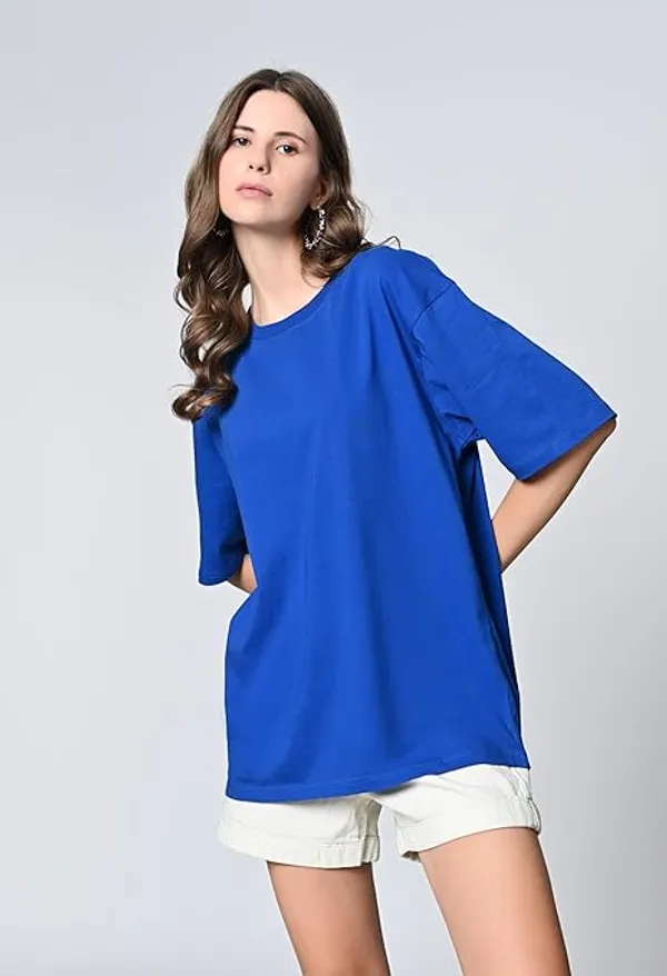 Oversized_Fit_Drop_Shoulder_Solid_100_Cotton_Round_Neck_T_Shirt_For_Women_Blue
