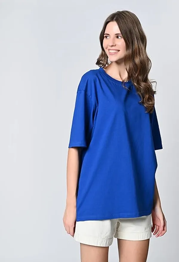 Oversized_Fit_Drop_Shoulder_Solid_100_Cotton_Round_Neck_T_Shirt_For_Women_Blue