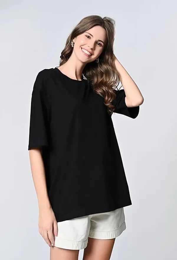 Oversized_Drop_Shoulder_Solid_100_Cotton_T_Shirt_For_Women_Black