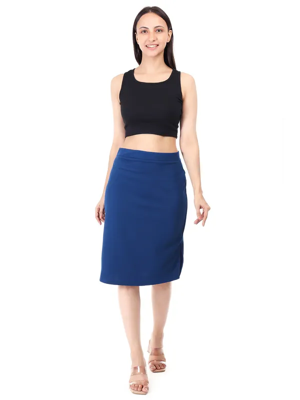 Comfortable_Elastic_Waist_Pencil_Skirt_With_Knee_Length_Slit_For_Women_Blue