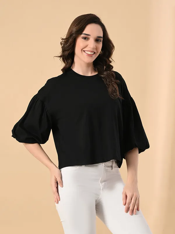 Oversized_Cotton_Crop_T_Shirt_For_Women_Balloon_Sleeves_Black