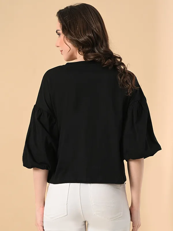 Oversized_Cotton_Crop_T_Shirt_For_Women_Balloon_Sleeves_Black