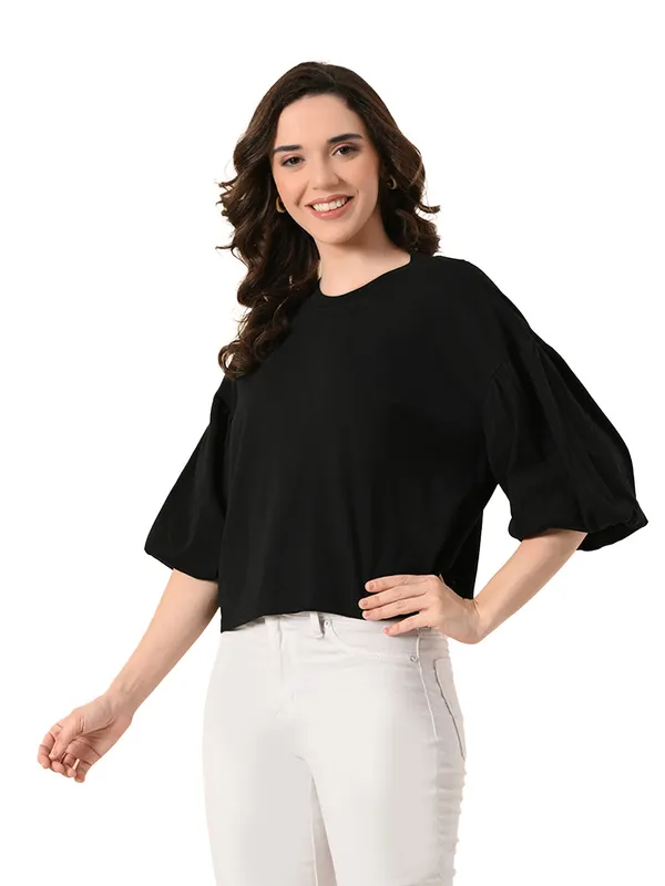 Oversized_Cotton_Crop_T_Shirt_For_Women_Balloon_Sleeves_Black