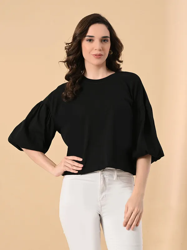 Oversized_Cotton_Crop_T_Shirt_For_Women_Balloon_Sleeves_Black