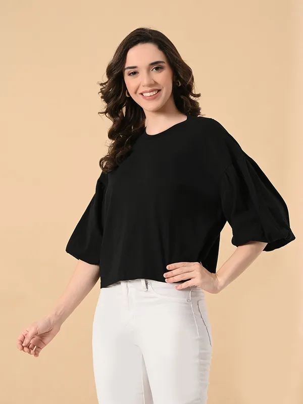 Oversized_Cotton_Crop_T_Shirt_For_Women_Balloon_Sleeves_Black