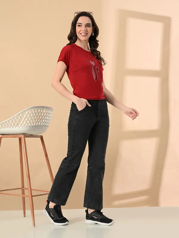 Women_S_High_Low_T_Shirt_With_Crystal_Cat_Print_Red