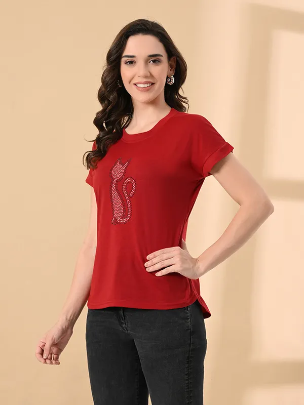 Women_S_High_Low_T_Shirt_With_Crystal_Cat_Print_Red
