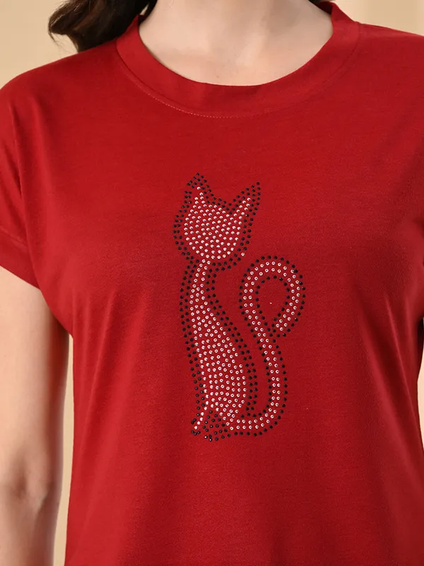 Women_S_High_Low_T_Shirt_With_Crystal_Cat_Print_Red