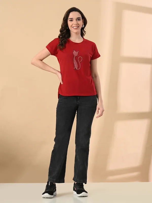 Women_S_High_Low_T_Shirt_With_Crystal_Cat_Print_Red