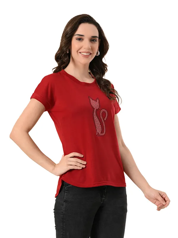 Women_S_High_Low_T_Shirt_With_Crystal_Cat_Print_Red