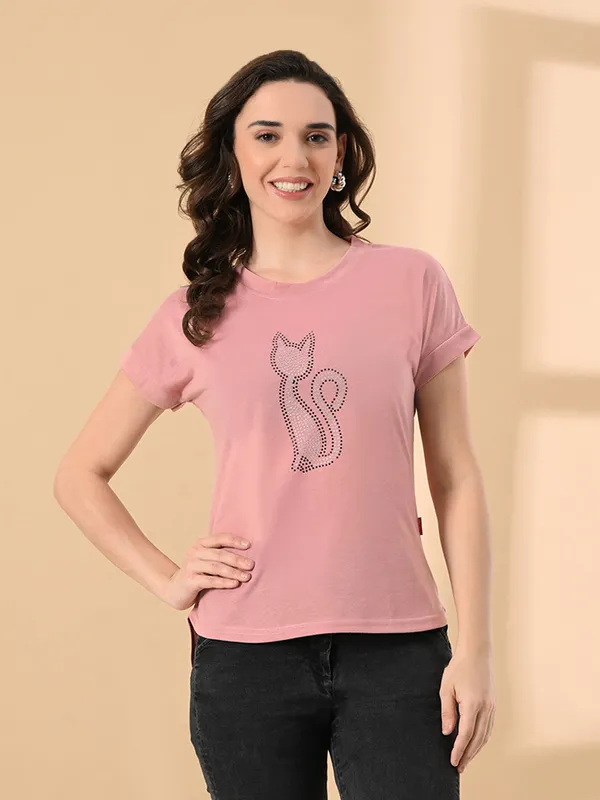 Stylish_Women_S_High_Low_Tee_With_Crystal_Print_Cotton_Lycra_Peach