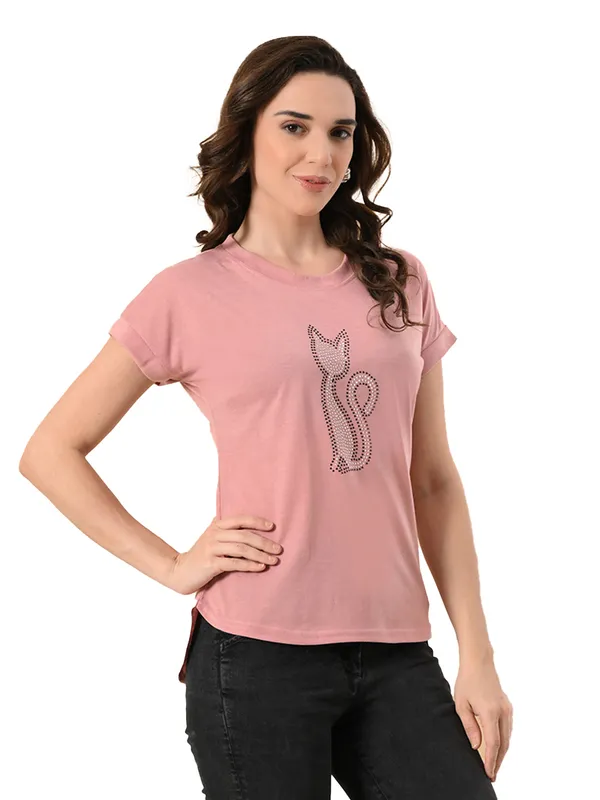 Stylish_Women_S_High_Low_Tee_With_Crystal_Print_Cotton_Lycra_Peach