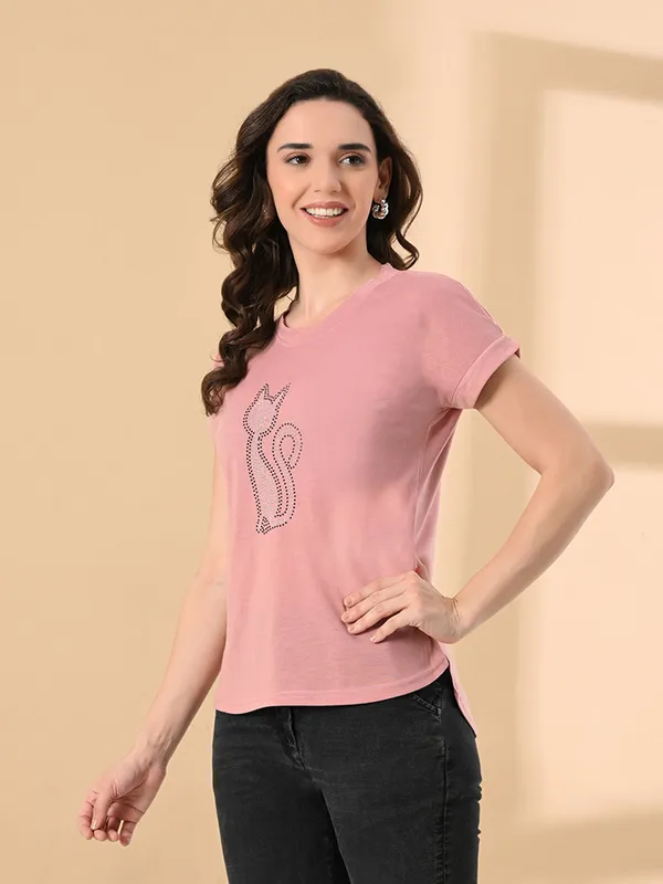 Stylish_Women_S_High_Low_Tee_With_Crystal_Print_Cotton_Lycra_Peach