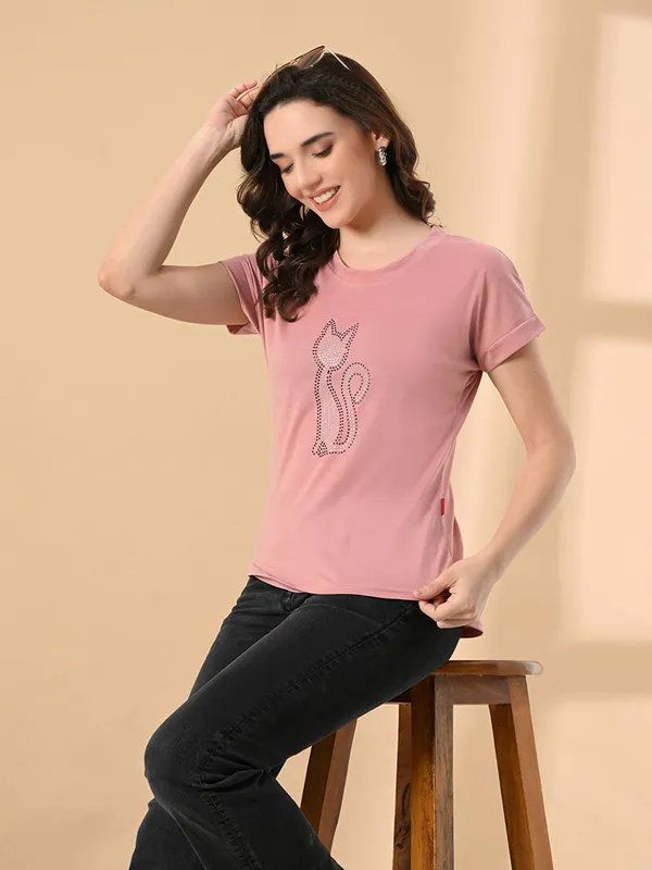 Stylish_Women_S_High_Low_Tee_With_Crystal_Print_Cotton_Lycra_Peach