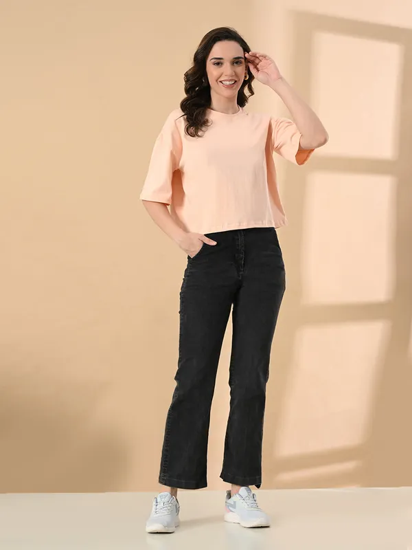 Women_S_Oversized_Drop_Shoulder_Crop_T_Shirt_100_Cotton_Round_Neck_Half_Sleeves_Solid_Top_For_Casual_Peach