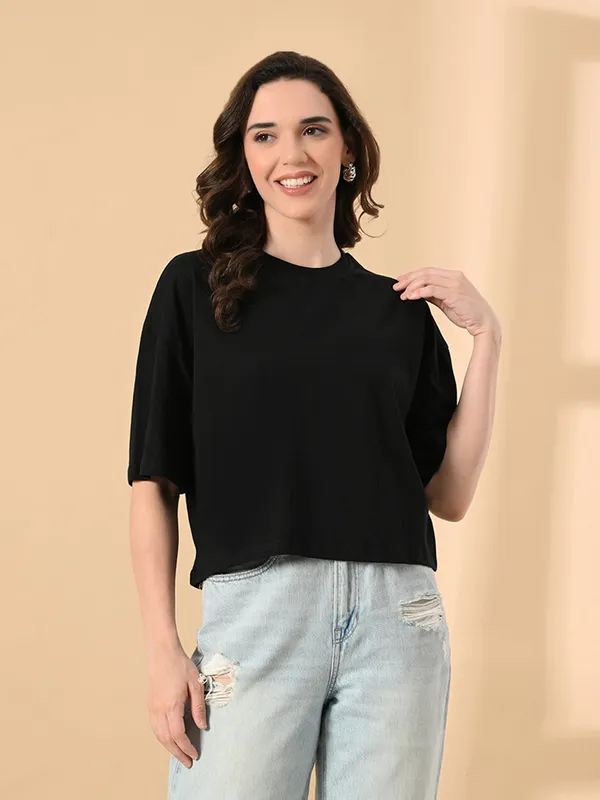 Women_S_Oversized_Drop_Shoulder_Crop_T_Shirt_100_Cotton_Round_Neck_Half_Sleeves_Black