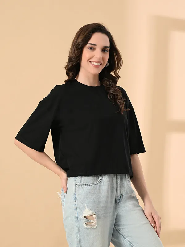 Women_S_Oversized_Drop_Shoulder_Crop_T_Shirt_100_Cotton_Round_Neck_Half_Sleeves_Black