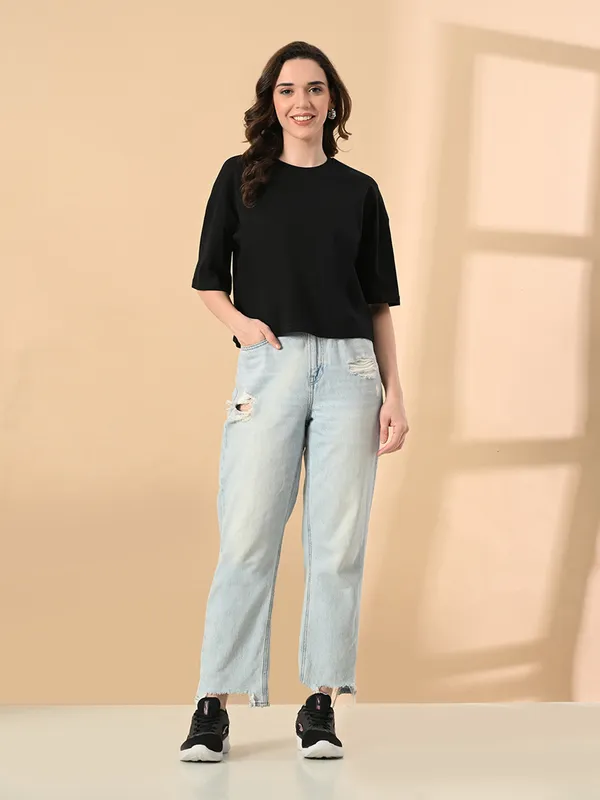 Women_S_Oversized_Drop_Shoulder_Crop_T_Shirt_100_Cotton_Round_Neck_Half_Sleeves_Black