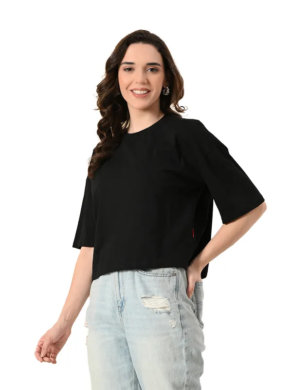Women_S_Oversized_Drop_Shoulder_Crop_T_Shirt_100_Cotton_Round_Neck_Half_Sleeves_Black