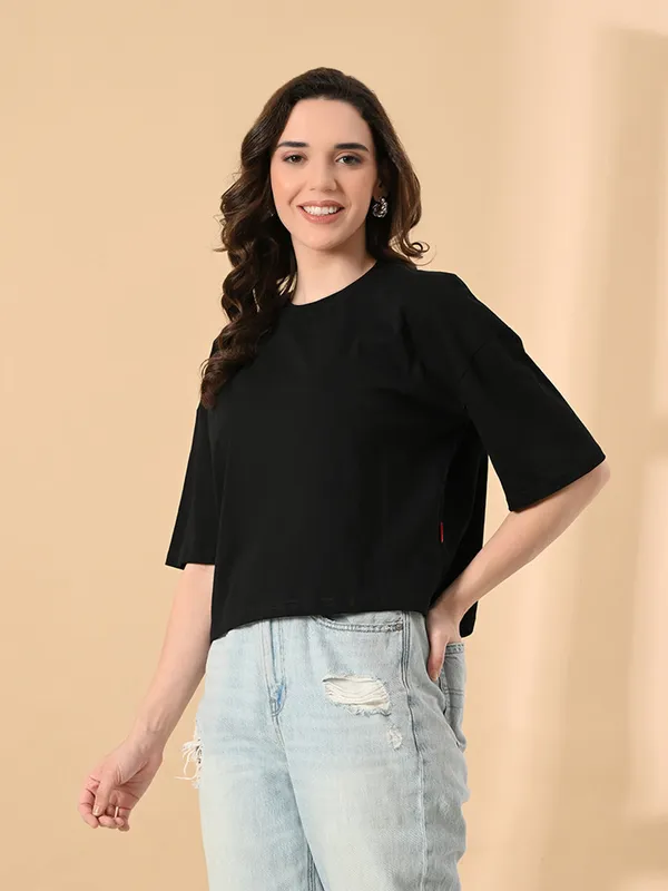 Women_S_Oversized_Drop_Shoulder_Crop_T_Shirt_100_Cotton_Round_Neck_Half_Sleeves_Black