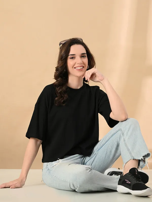 Women_S_Oversized_Drop_Shoulder_Crop_T_Shirt_100_Cotton_Round_Neck_Half_Sleeves_Black
