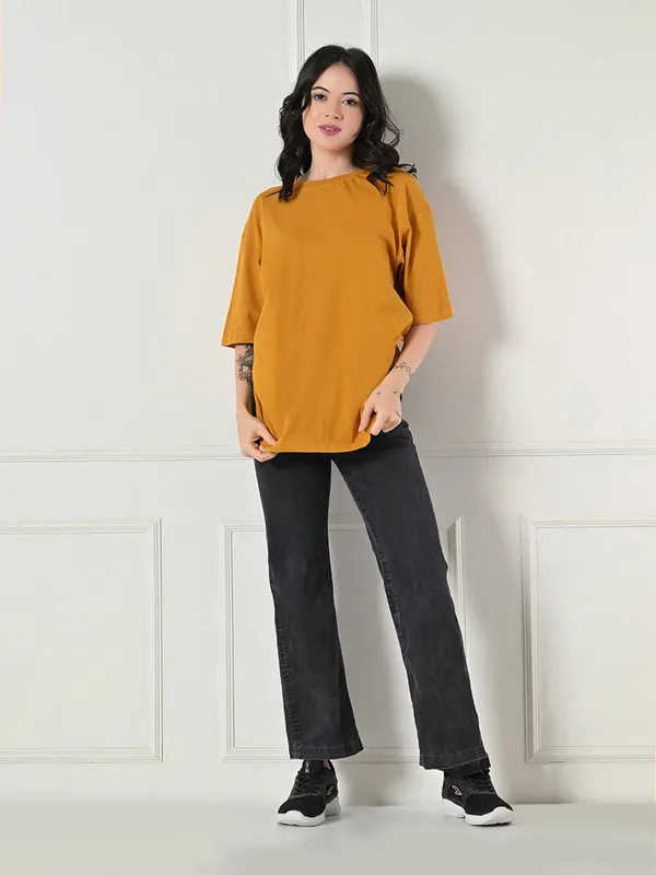 Women_S_Oversized_Drop_Shoulder_Crop_T_Shirt_100_Cotton_Round_Neck_Half_Sleeves_Solid_Top_For_Casual_Mustrad