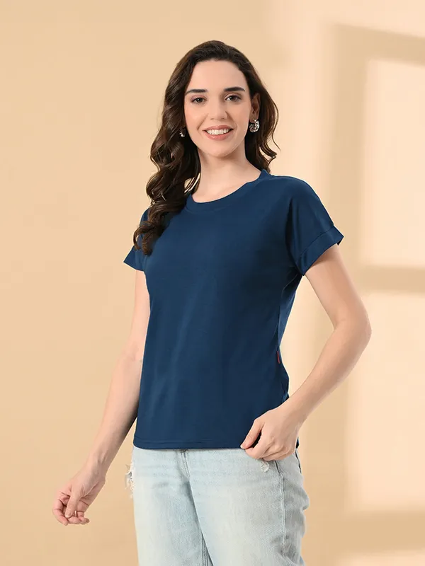 Stylish_Up_Down_Women_S_High_Low_Hem_T_Shirt_Premium_Cotton_Lycra_Seamless_Sleeves_Round_Neck_Casual_Active_Wear_Girls_T_Shits_Blue