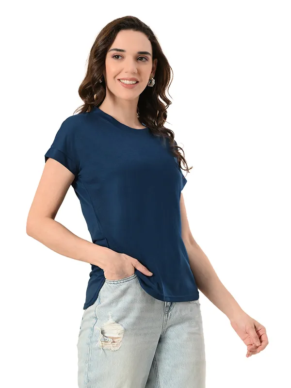 Stylish_Up_Down_Women_S_High_Low_Hem_T_Shirt_Premium_Cotton_Lycra_Seamless_Sleeves_Round_Neck_Casual_Active_Wear_Girls_T_Shits_Blue