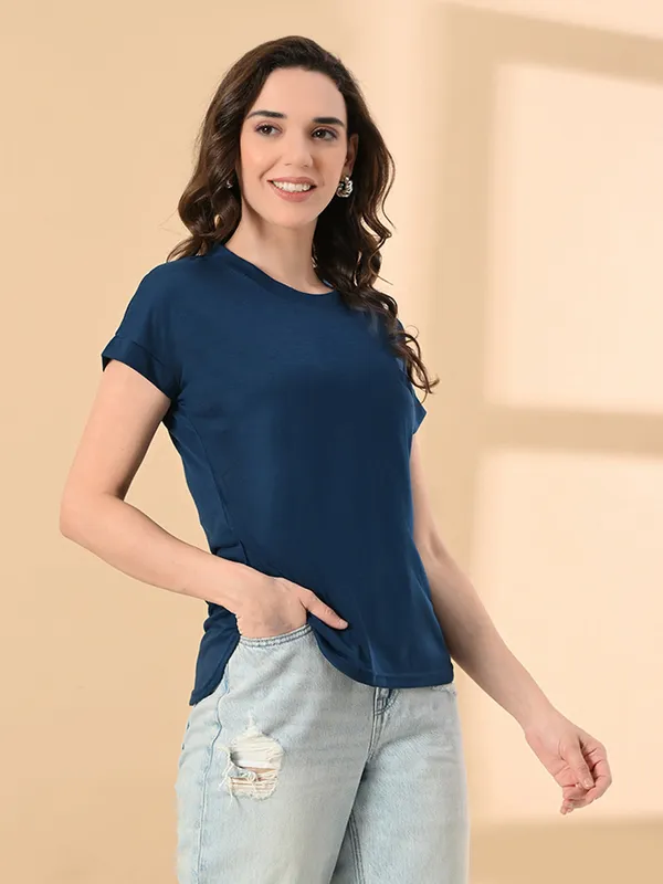 Stylish_Up_Down_Women_S_High_Low_Hem_T_Shirt_Premium_Cotton_Lycra_Seamless_Sleeves_Round_Neck_Casual_Active_Wear_Girls_T_Shits_Blue